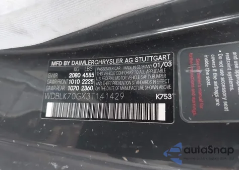 2003 Mercedes-Benz Clk 430 из США, поврежденный, VIN WDBLK70GX3T141429